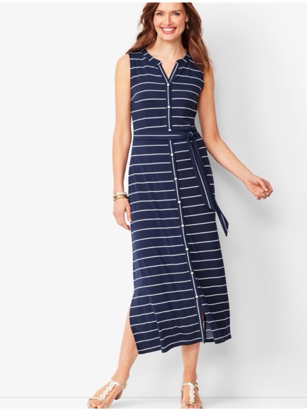 TALBOTS NAVY WHITE STRIPE MAXI DRESS EUC